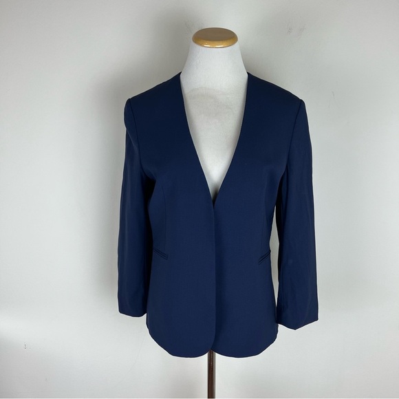 Theory Nocturne Navy Blue Good Wool Open Front Lindrayia Blazer Jacket Size 10 - Picture 3 of 8